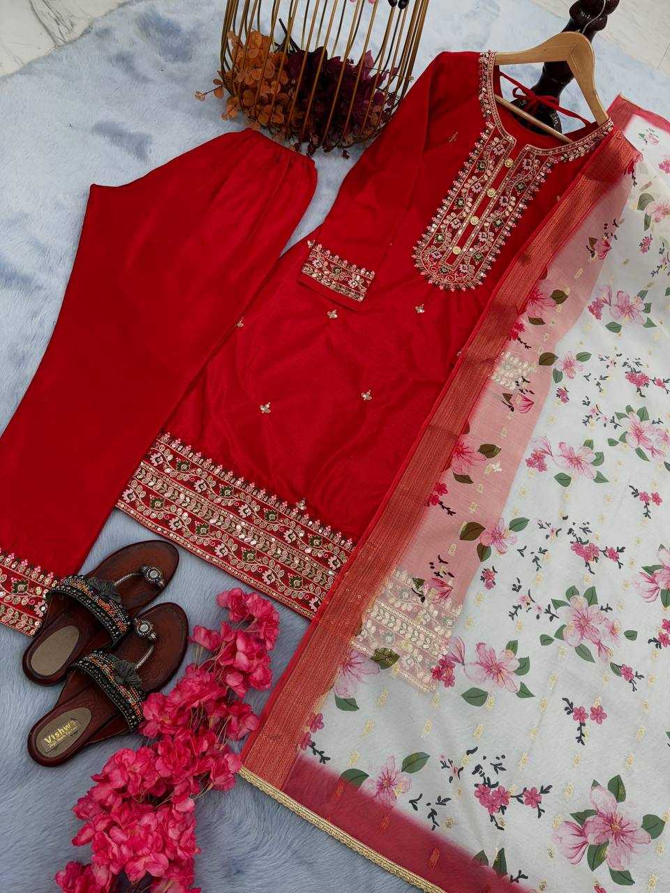 YNF CHINON SILK RAD 164 RAKHI SUITS WHOLESALE LADIES EMBROIDERY MANUFACTURER